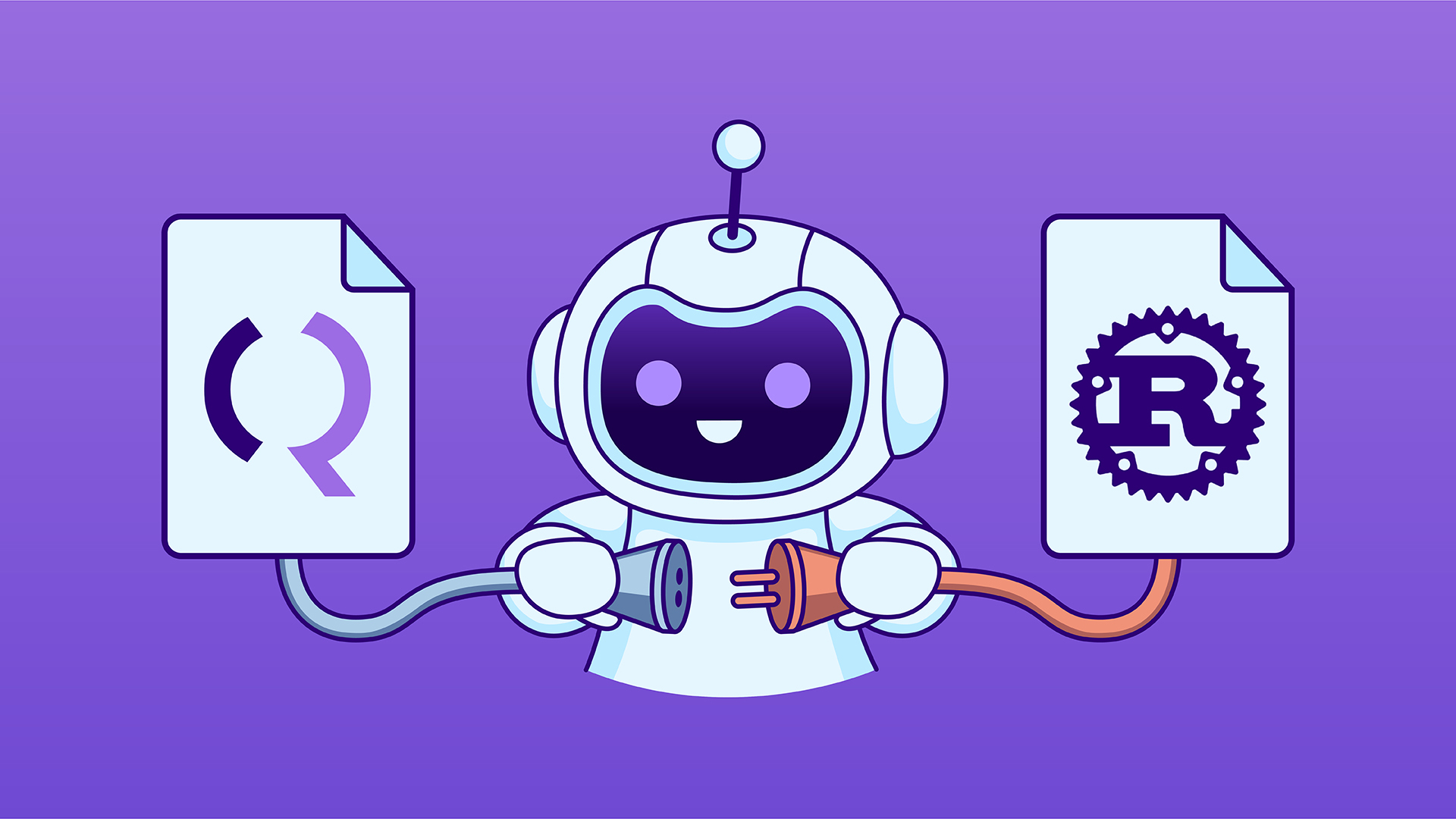 Robot connecting a plug with a Quint artifact on the left and Rust artifact on the right